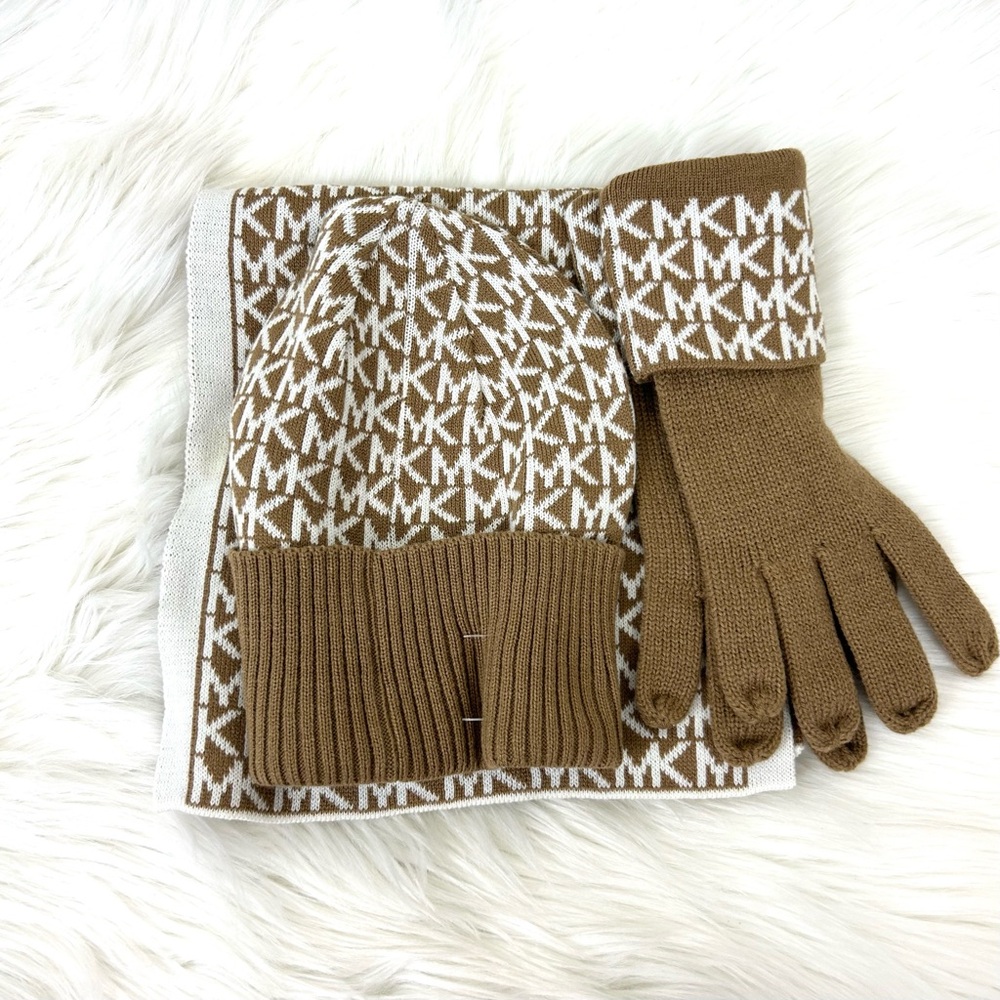Michael Michael Kors Knit Logo Scarf Hat Gloves Set